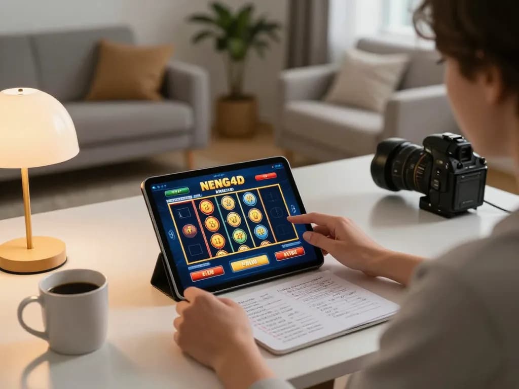 NENG4D slot gaming enthusiast engaged with tablet interface while developing winning strategies