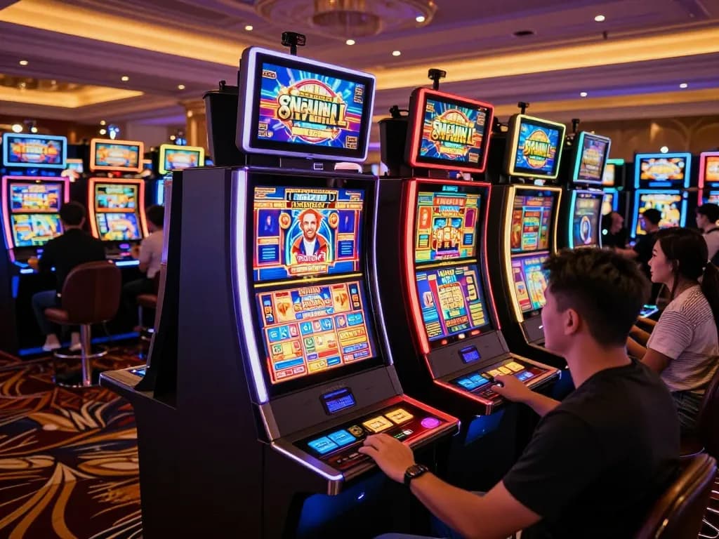 Pemain menikmati permainan slot yang mendebarkan di aman788, merayakan kemenangan dalam suasana kasino yang hidup.