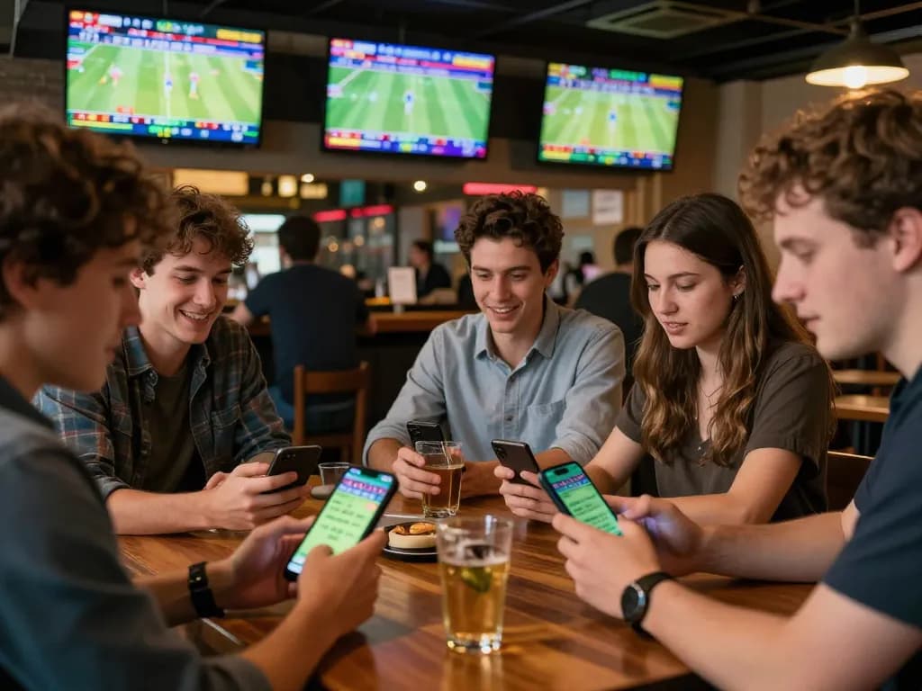 Sport fans engaging with the nowgoal betting app while watching live games in a vibrant sports bar