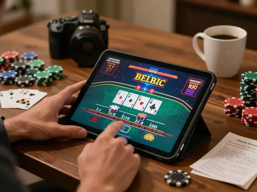 Engaging in Blackjack gameplay at https://x88.design/, showing hands on a tablet with vibrant cards and chips.