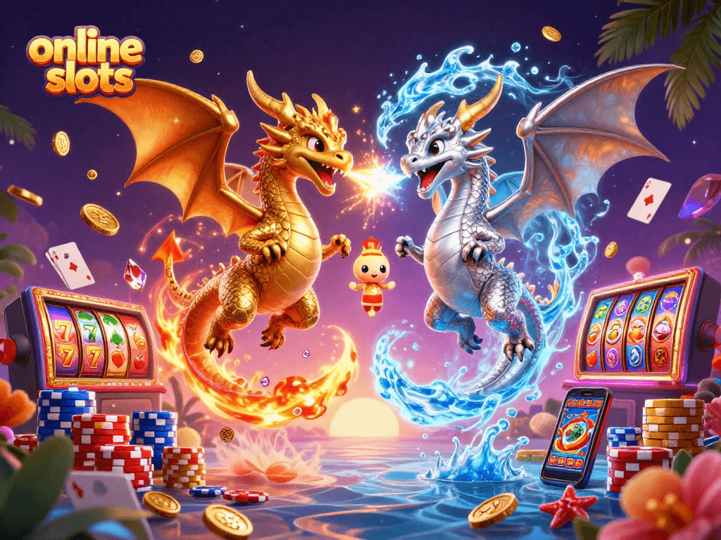 Experience thrilling online slots gameplay with dragons, coins, and vibrant casino elements.