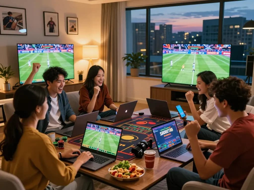 SBOBET88 online betting session with friends in a vibrant living room filled with sports memorabilia.