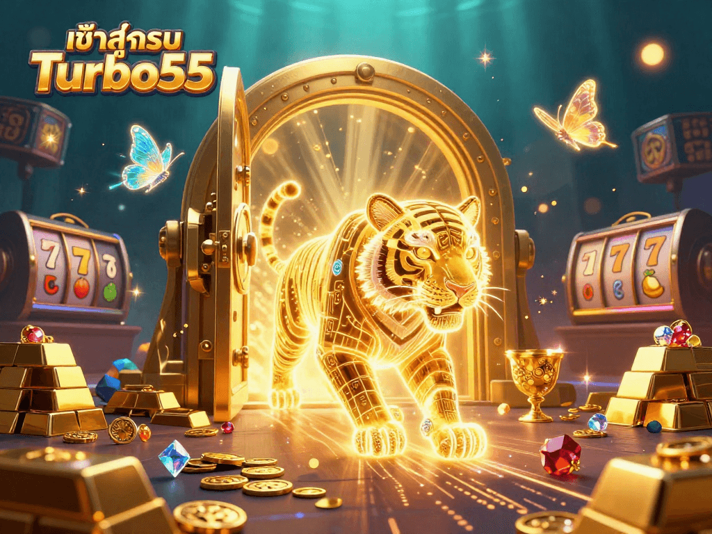Engage with เข้าสู่ระบบ Turbo55 in a dazzling digital casino scene featuring a golden tiger and treasures.