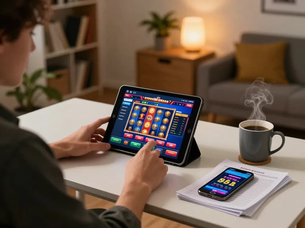 Player enjoying online usa casinos on a tablet in a cozy home environment.