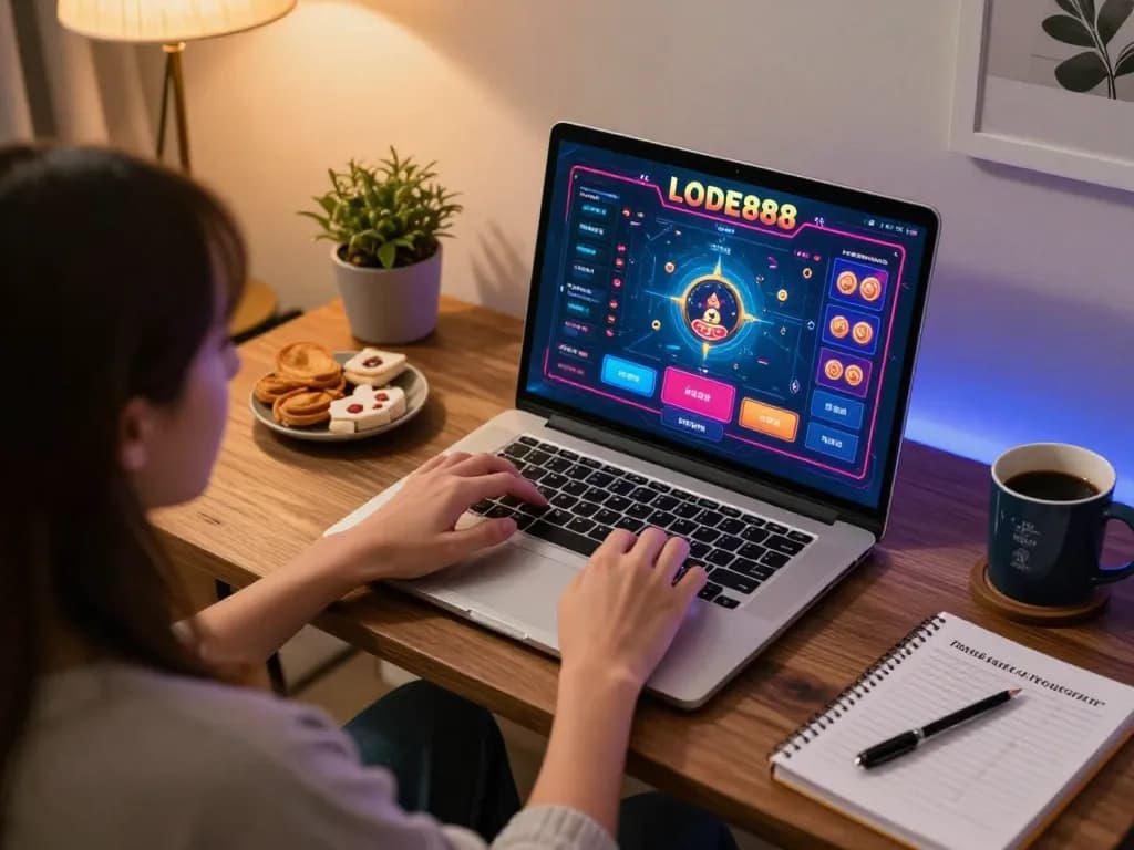Player enjoying LODE88 online gaming with vibrant interface and snacks in cozy home