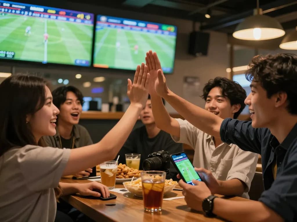Friends enjoying the excitement of sports betting at nhà cái 8xbet, celebrating winning bets in a lively sports bar.