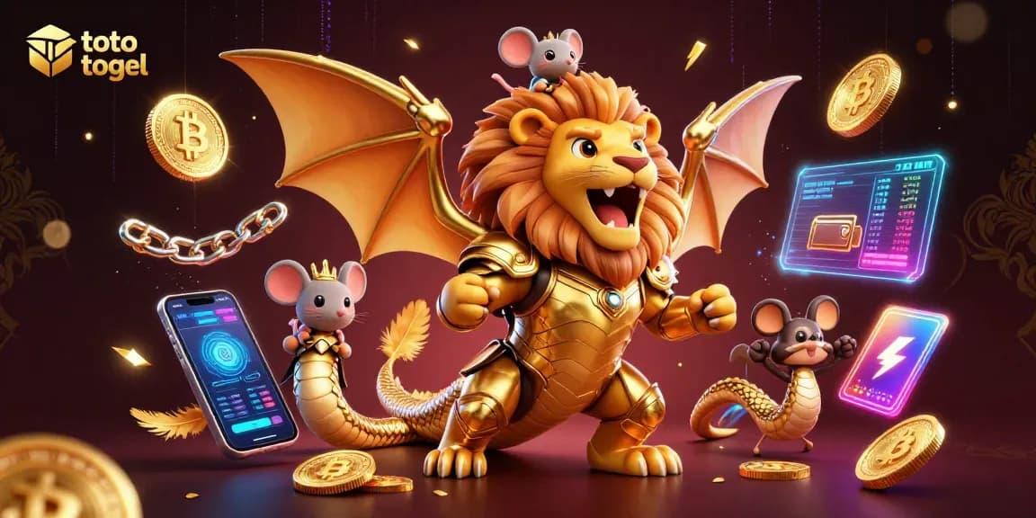 Engage in toto togel excitement with a golden chimera and crypto elements in a vibrant 3D scene.