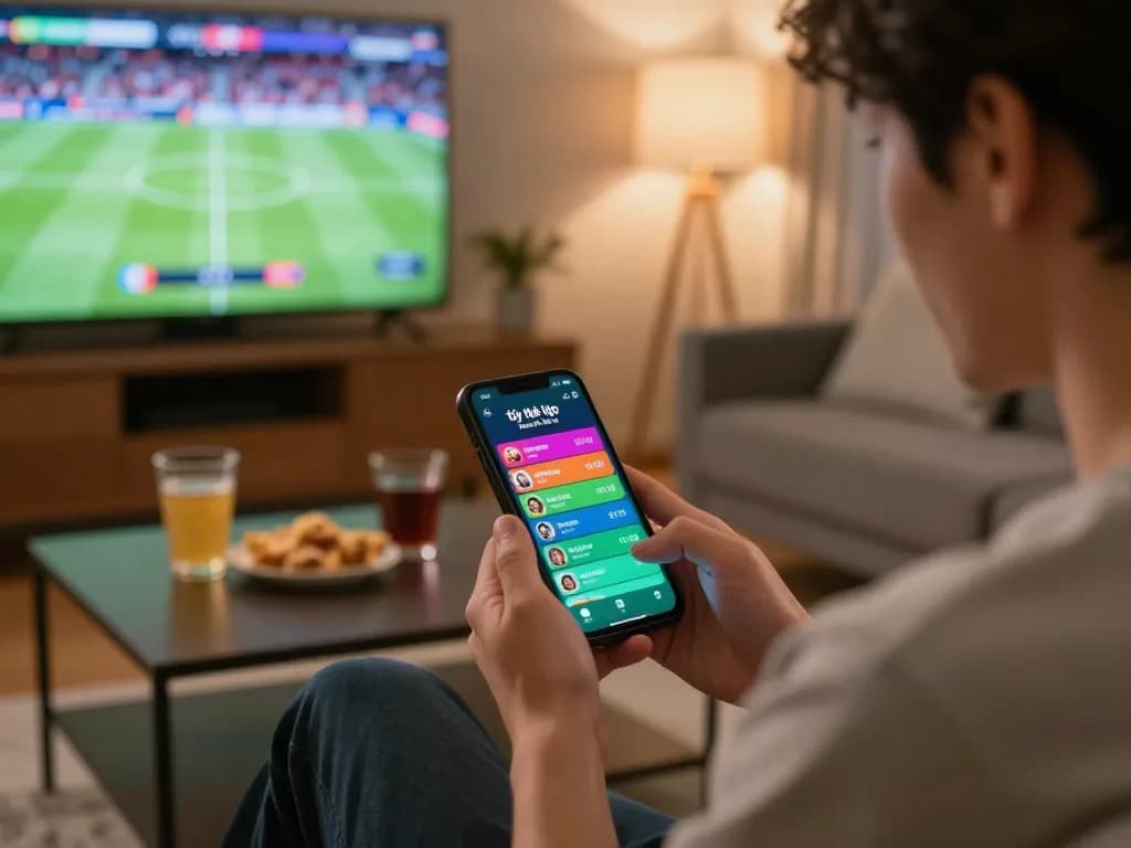 The person engaging with tỷ lệ kèo nhà cái hôm nay on a smartphone within a cozy sports betting atmosphere.