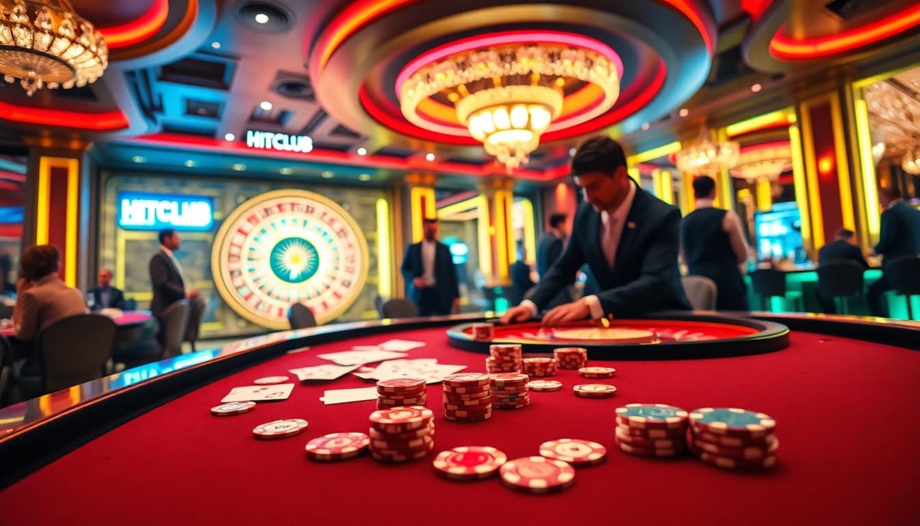 HITCLUB players strategizing at luxurious casino tables, immersed in high-stakes excitement.