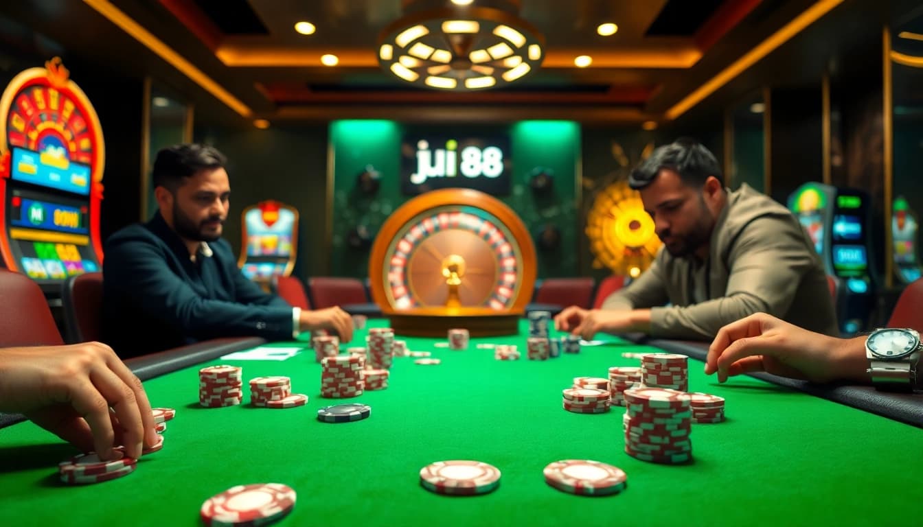Engage in thrilling gameplay at uu 88's poker table with vibrant chips and an electric atmosphere.