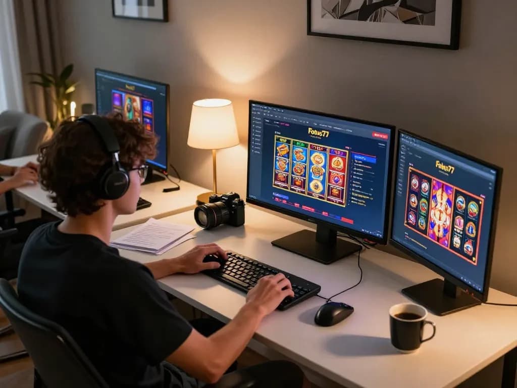 Player engaging with Fokus77 online casino, showcasing colorful slots and organized gaming notes.