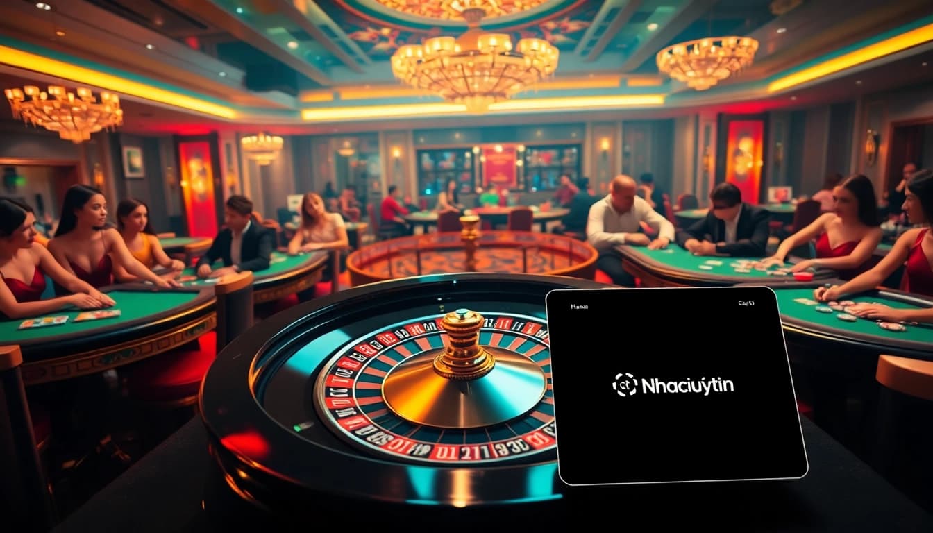 Gamblers enjoying a high-stakes poker game while using Nhacaiuytin for online betting.