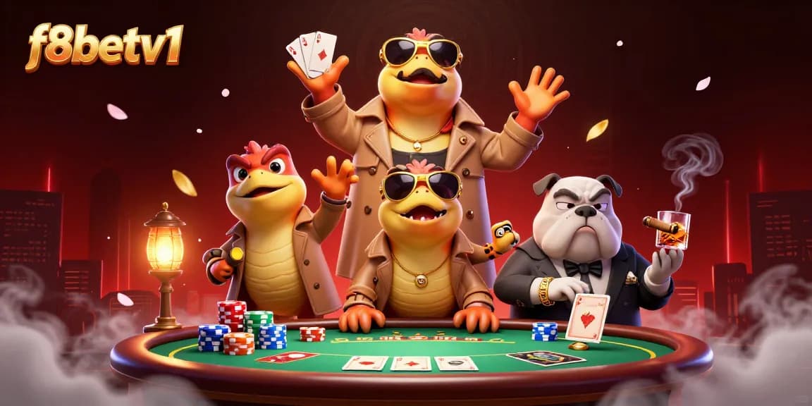 F8betv1 showcases playful raptors sneaking into a casino with poker elements and vibrant atmosphere.