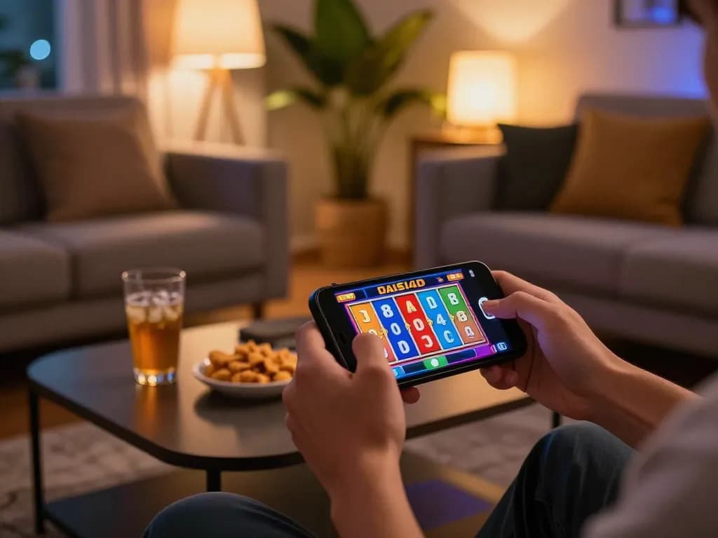 Pemain yang terlibat dengan dasi4d slot di smartphone, menikmati permainan online dalam pengaturan rumah yang nyaman.
