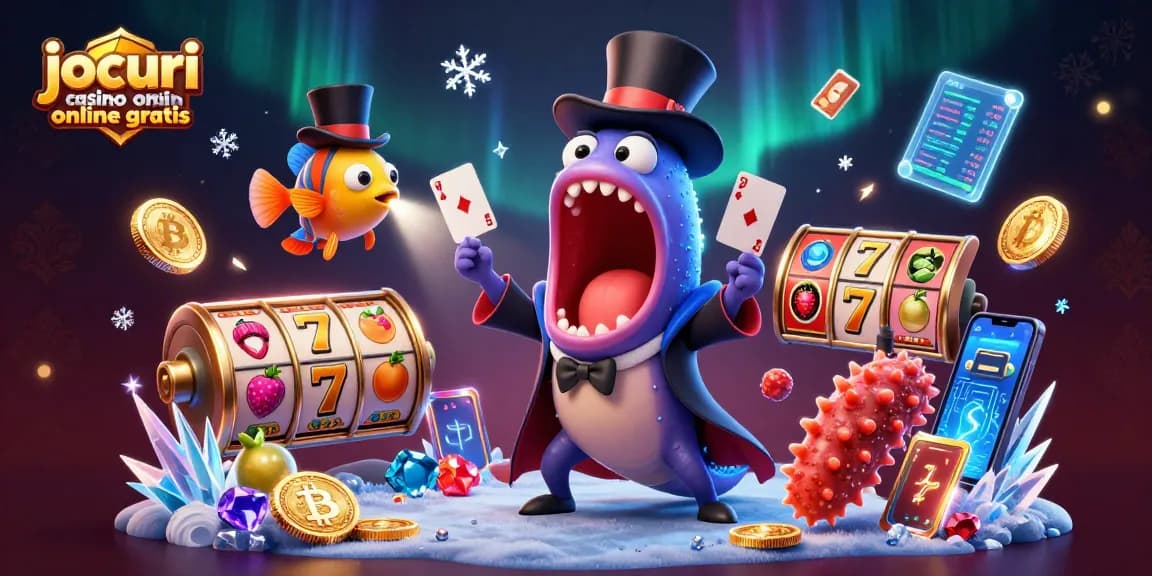 Joacă jocuri casino online gratis cu o ilustrație 3D captivantă plină de simboluri de păcănele și monede de criptomonedă.