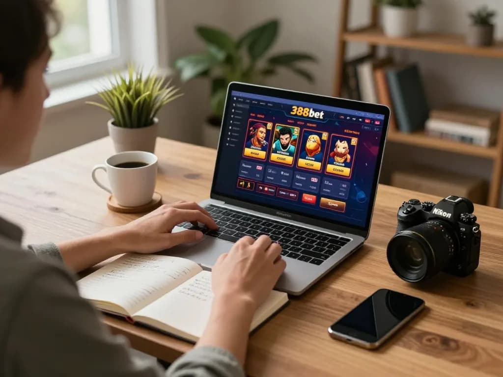 Engaged player using 388bet for online gaming with strategic notes and relaxed home atmosphere.