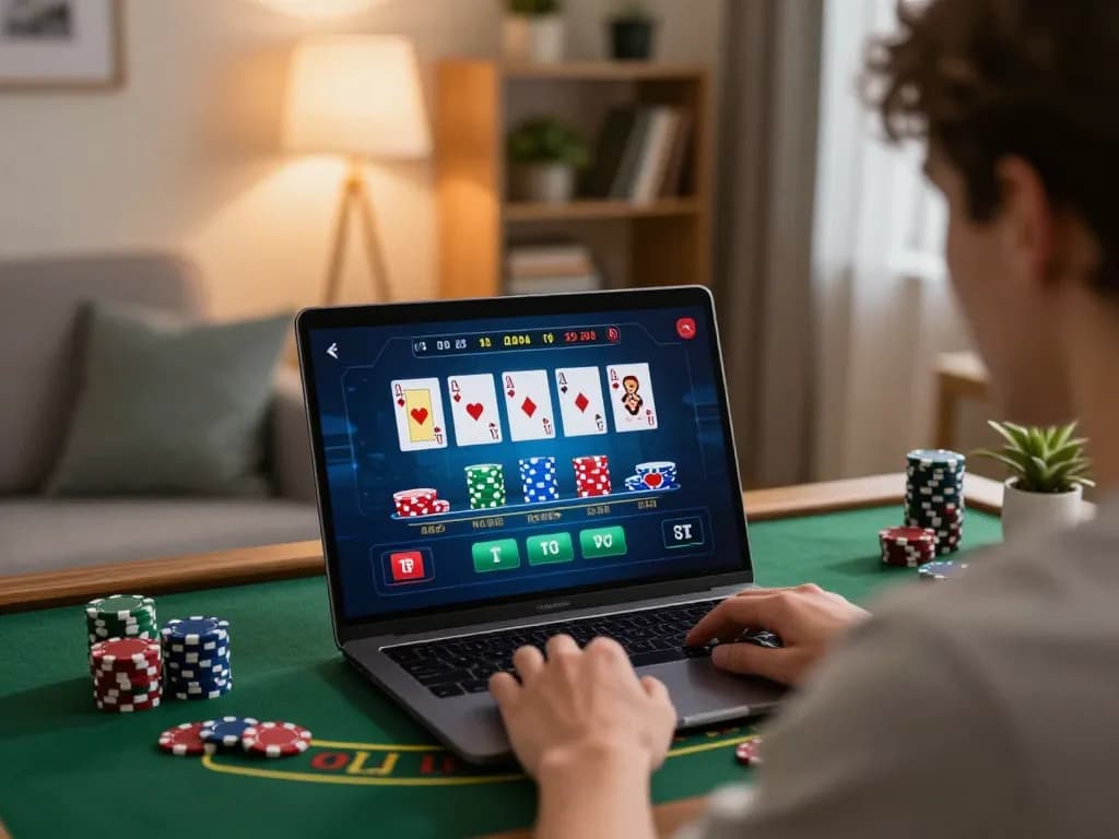 Engaged player enjoying Go 88 blackjack on laptop at home, displaying colorful betting interface.