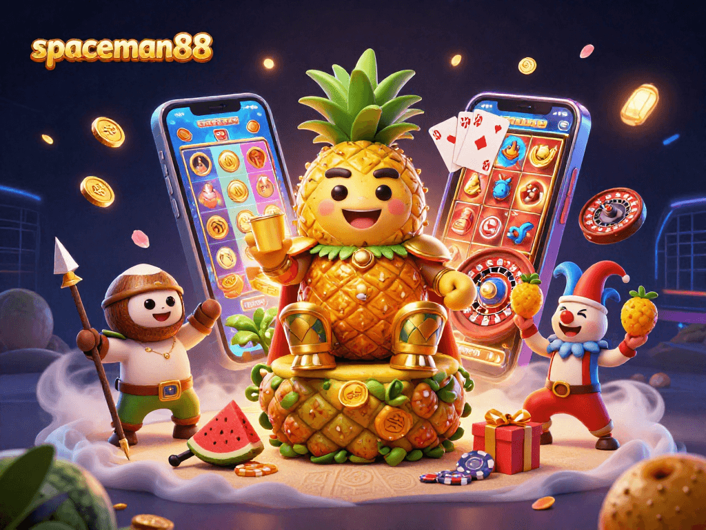 Spin to win with Spaceman88 in this vibrant casino illustration showcasing thrilling games, coins, and excitement.