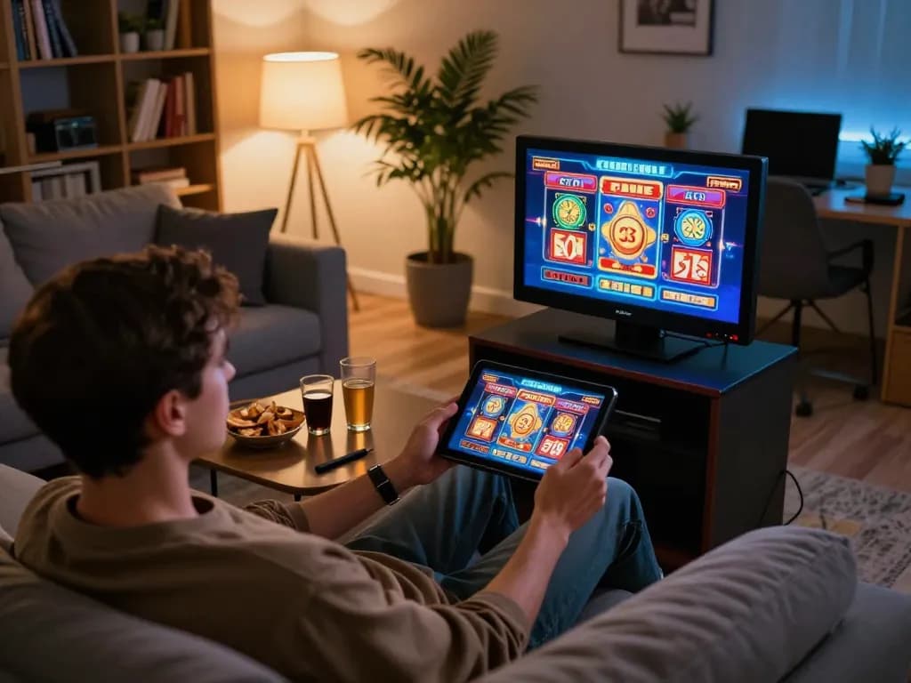 Engaging player enjoying slots on tablet at home, highlighting 45678's gaming experience