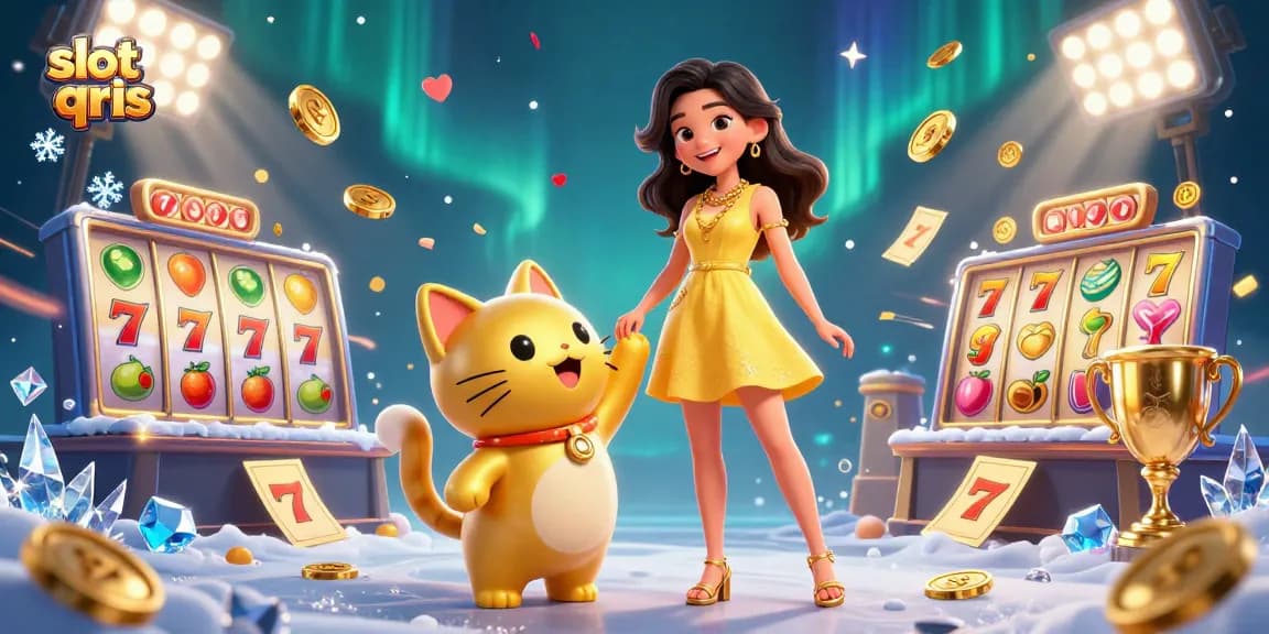 Spin the slot qris reels with our cheerful character and lucky cat amid golden coins and confetti.