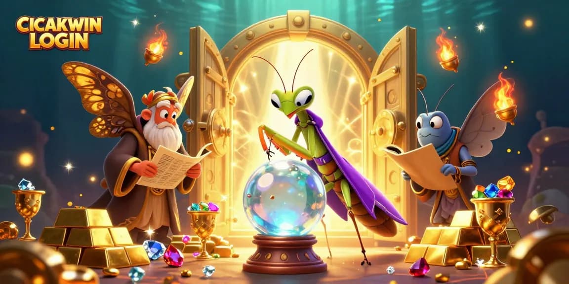 Engage with the CICAKWIN LOGIN scene featuring a fortune teller, moth librarian, and sparkling treasures.