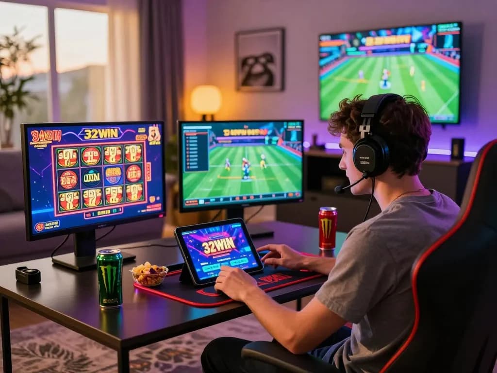 Online gambling excitement at https://32win.agency/ with a player engaged in slots and table games.