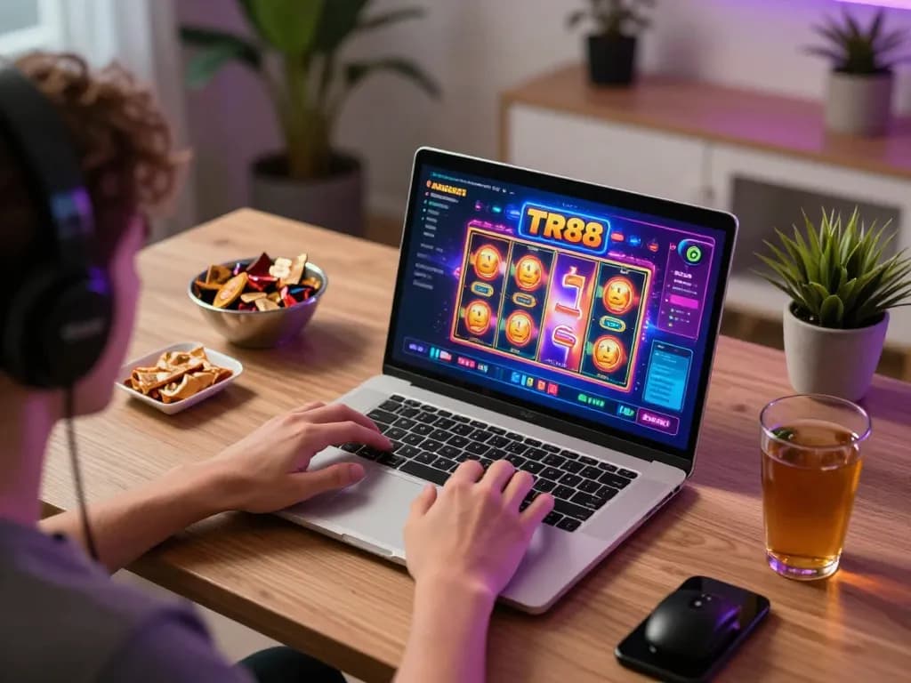 Person engaging with TR88 online casino on laptop, vibrant gaming experience.