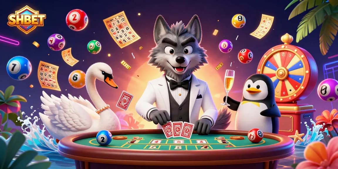 Engage with SHBET’s vibrant casino scene featuring a debonair wolf at a baccarat table, elegant swan, and sophisticated penguin.
