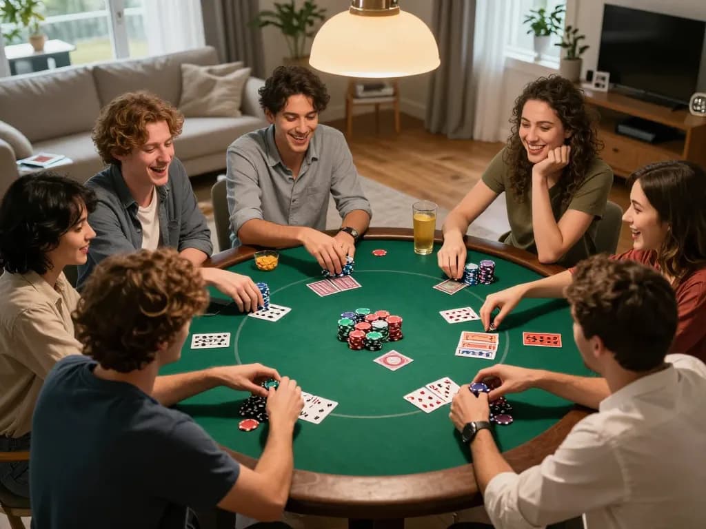 KONG88 poker game night with friends at home, lively atmosphere and stacked chips.