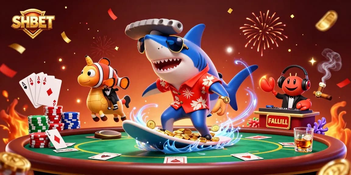 SHBET showcases a vibrant gambling scene featuring a shark, clownfish, and crab in a lively casino environment.
