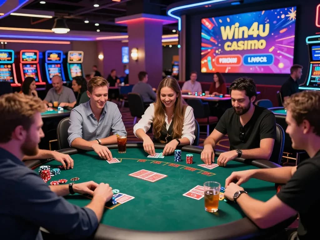 Exciting win4u casino scene with diverse players enjoying games amidst vibrant lights and festive atmosphere.
