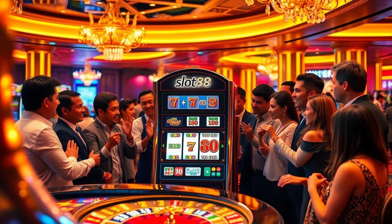 Players enjoying the thrilling slot88 machine experience in a vibrant casino atmosphere.