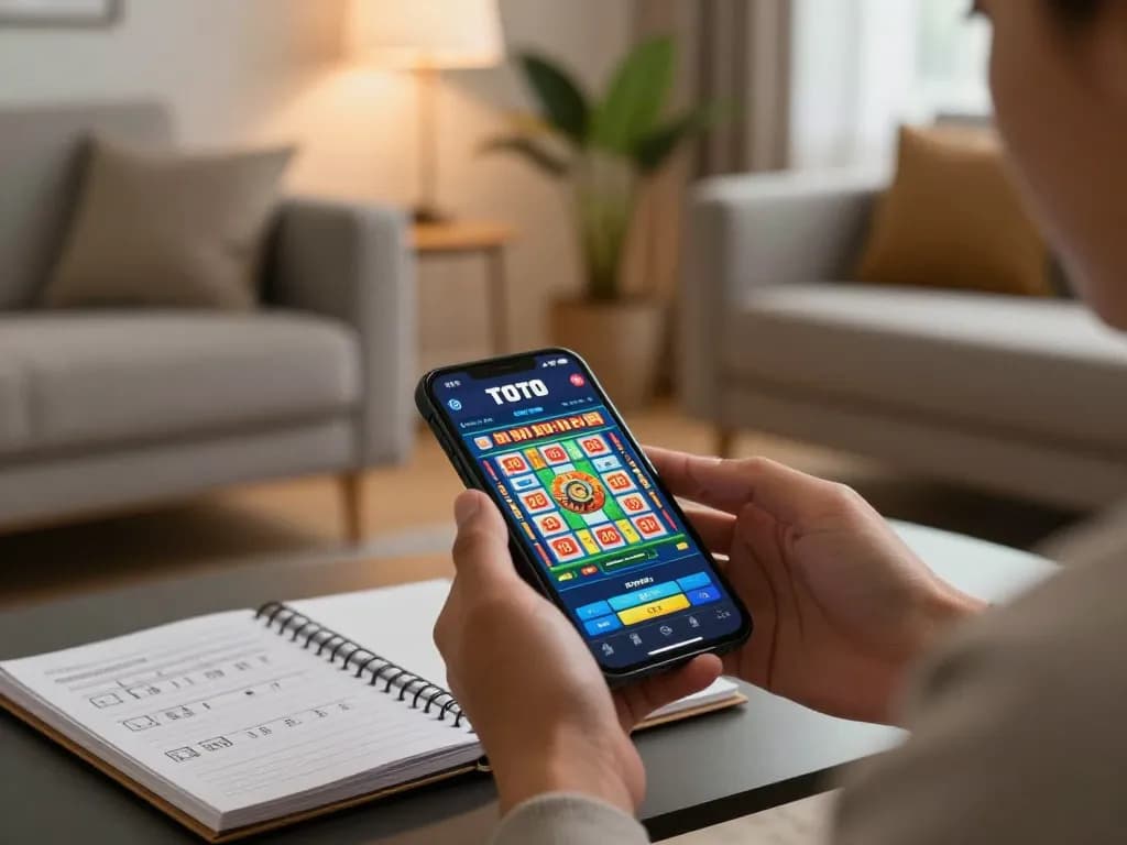 Engaging with toto slot game on a smartphone in a cozy home setting, highlighting responsible gaming.