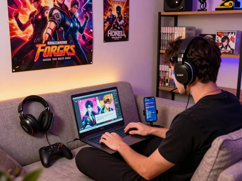 A gamer playing immersive sex games on a laptop in a cozy den, surrounded by vibrant gaming decor and accessories.