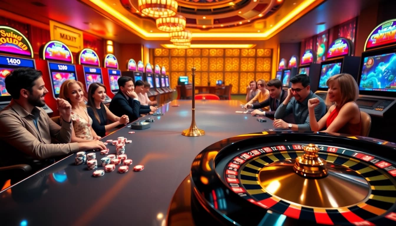 BEM88 casino scene showcasing excited players at a sleek table with vibrant slot machines and poker chips.