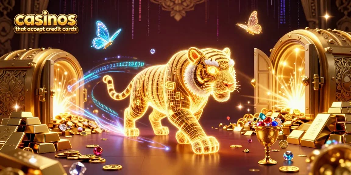 Experience casinos that accept credit cards with vibrant, energetic digital imagery featuring a tiger amidst golden treasures.