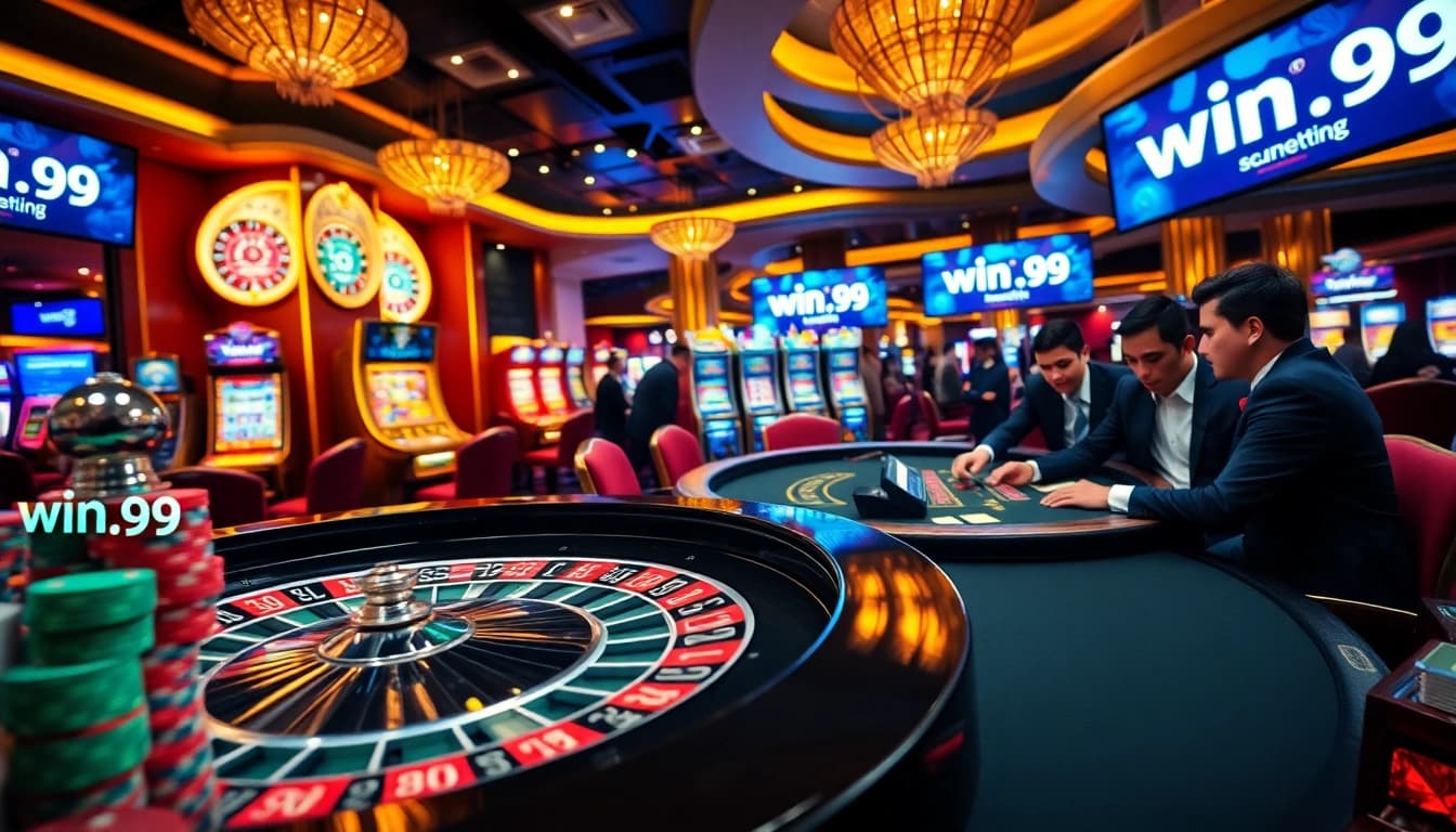 Experience the thrill at win.99 as gamblers engage deeply at a luxurious casino table.