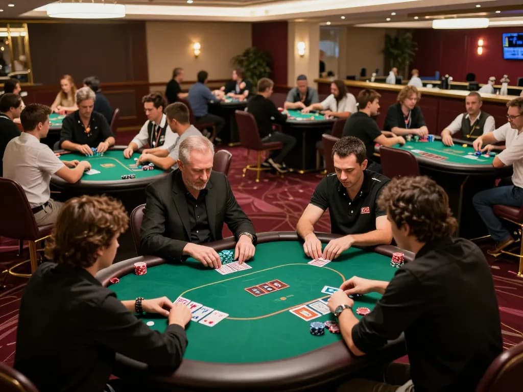 pg88 players celebrating wins at a vibrant poker table in a bustling casino