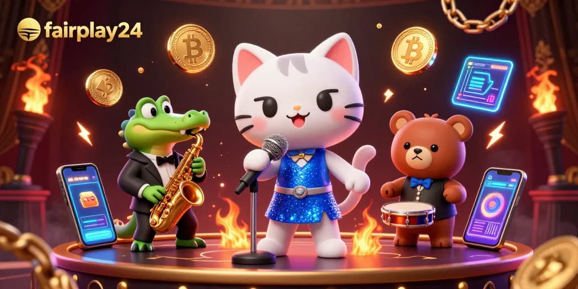 Engage with fairplay24 in a vibrant casino scene featuring a jazzy cat singer and dynamic characters.