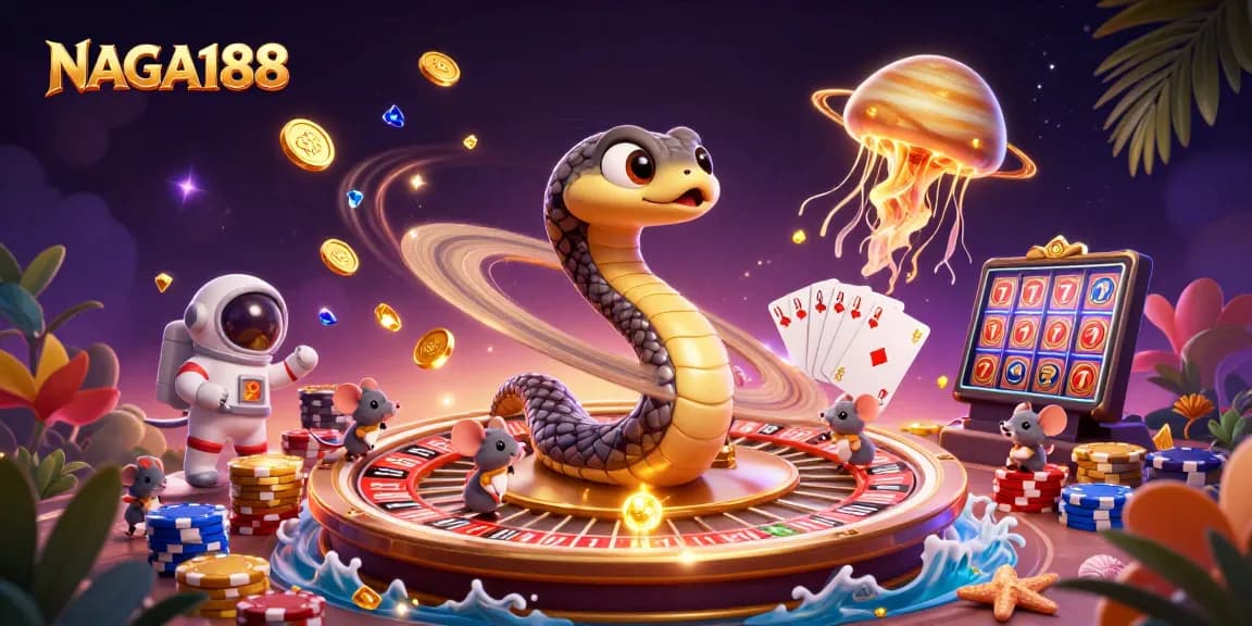 NAGA188 menghidupkan suasana kasino dengan slot, kartu, dan chips bertumpuk di ruang angkasa.