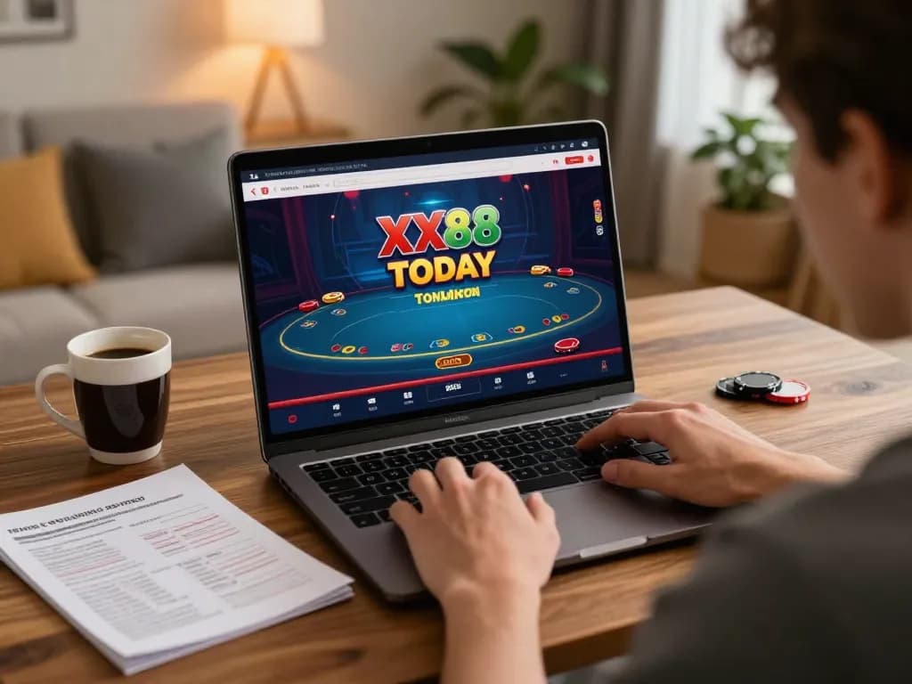 Engaged player enjoying XX88 TODAY poker game on laptop in cozy home setting.
