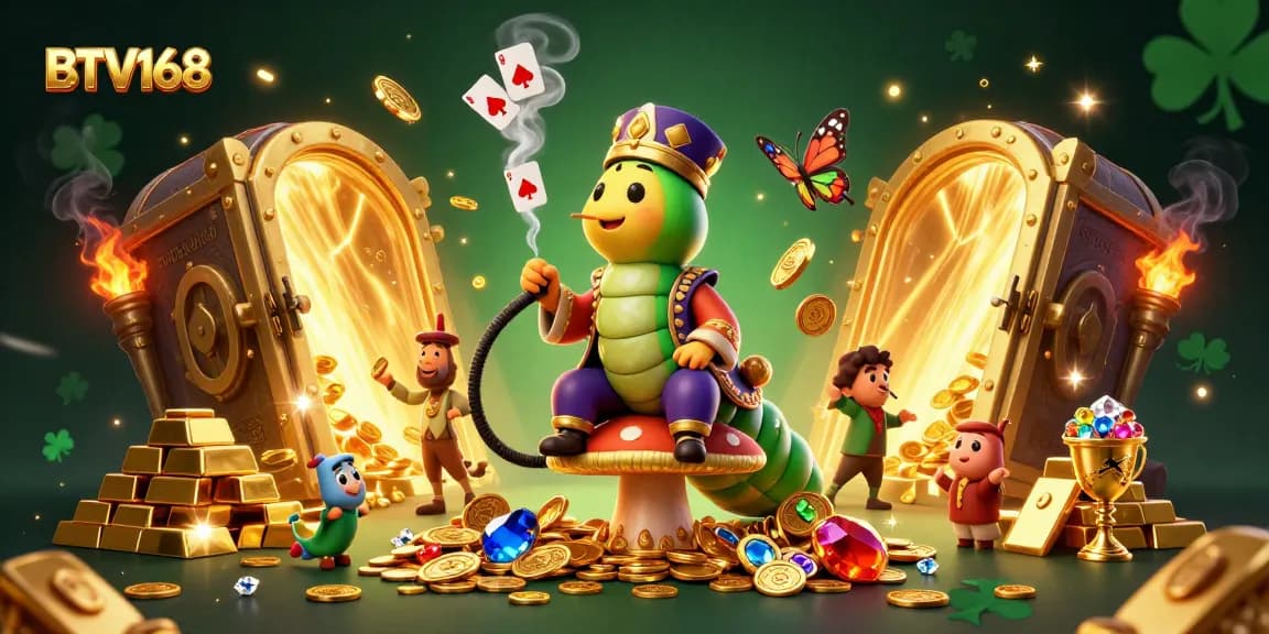 Experience thrilling gameplay with BTV168 featuring a magical casino scene filled with riches and poker symbols.