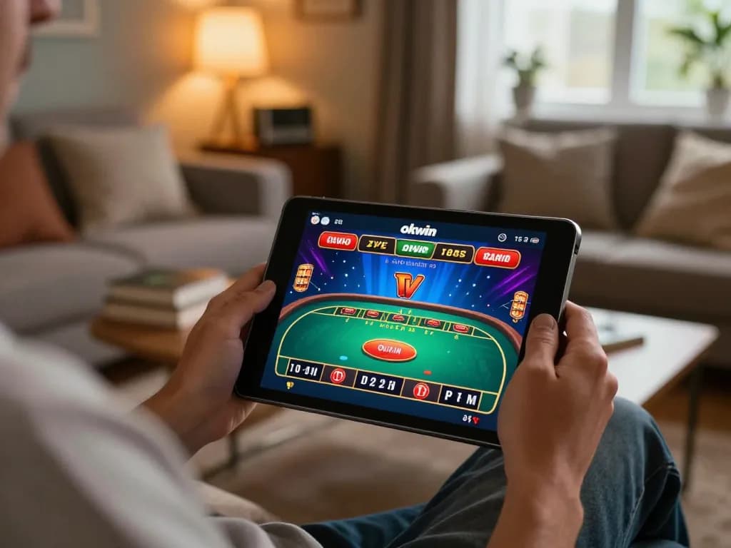 Enjoying a strategic online gambling session on Okwin tv from a cozy home setup.