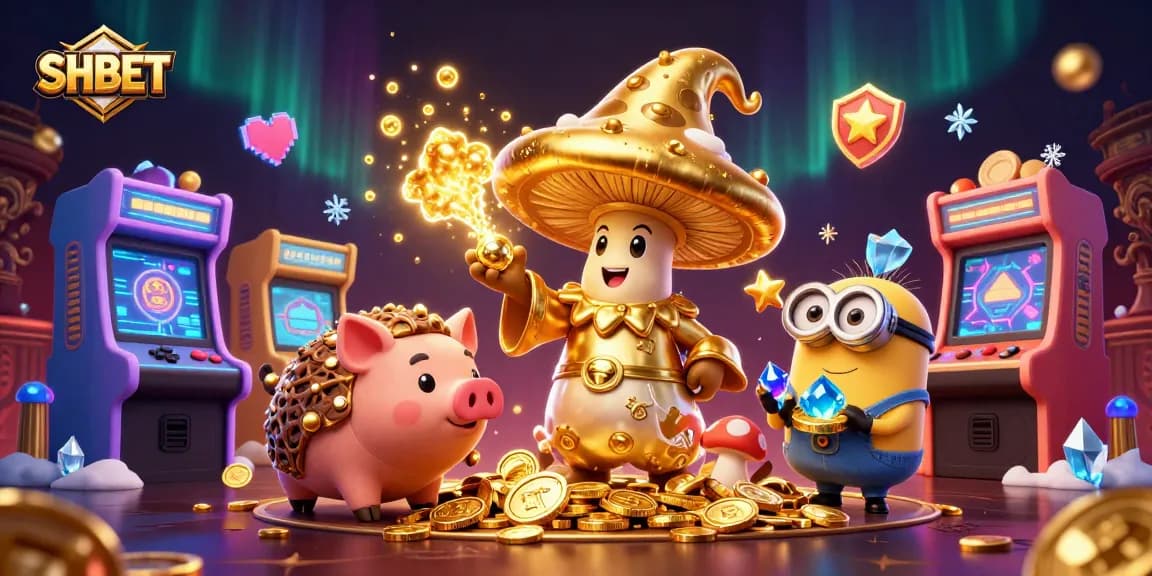 Experience thrilling gameplay at SHBET with golden wizard and treasure hunting in a vibrant casino scene.