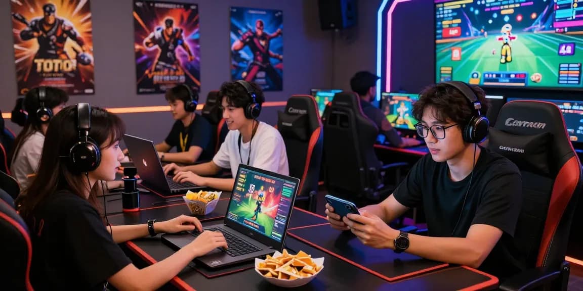 Pengalaman bermain terjun4d yang menyenangkan dengan pemain beragam di depan layar game digital.