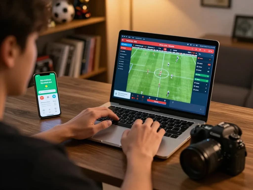 Person placing kèo nhà cái bets online on a laptop, showcasing sports betting activity with live odds.