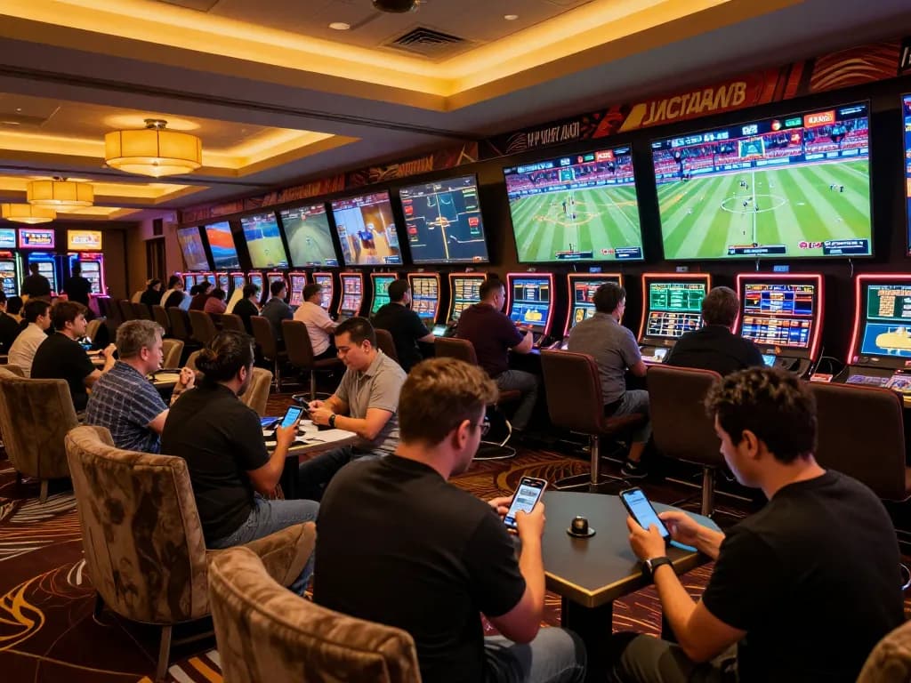 Engaged bettors analyzing odds for SC88 in lively casino sports betting lounge atmosphere.