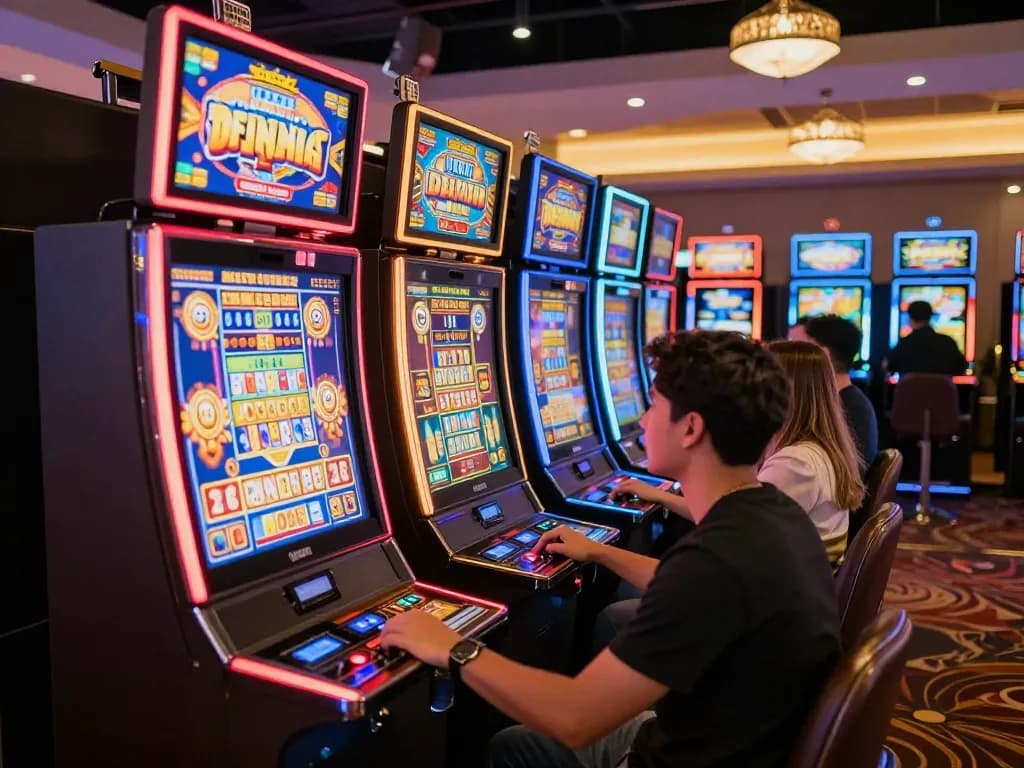Pemain menikmati Slot Demo PG Soft Mirip Asli di area mesin slot kasino yang meriah