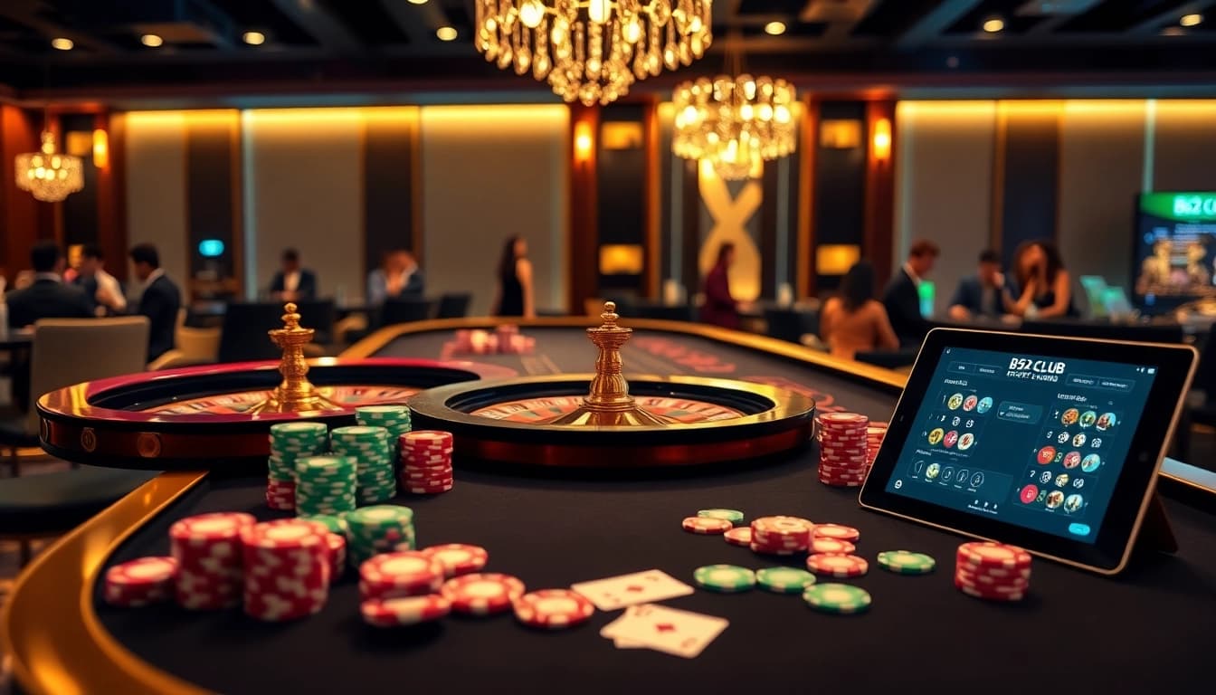 B52CLUB players engaging in poker at a luxurious gaming table with vibrant betting chips.