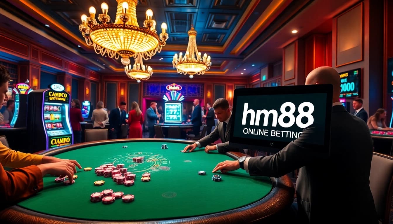 Players enjoying a poker game at HM88 casino, surrounded by vibrant slot machines and a lively atmosphere.